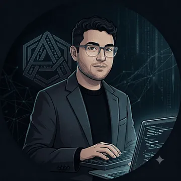 Illustrated portrait of Adam Mostofi at a laptop, with network lines and the hex sigil behind him